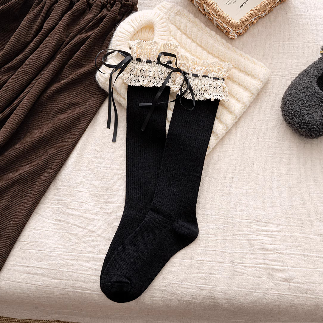 Design Concept:
These Lolita stockings are crafted with soft, cozy fabric, perfect for autumn and winter warmth. Designed with cute lace and delicate bow tie details, they bring out a sweet yet elegant Lolita charm. The socks feature a layered slouch style with a mid-calf length of about 33cm, making them both fashionable and comfortable. Available in four colors: warm apricot, off-white, black, and coffee. Each pair adds a unique touch to complete your Lolita outfits.