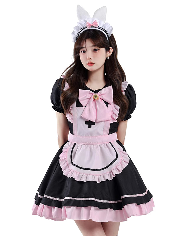 Design Concept:
This Maid Outfit Lolita dress features a charming black and pink color scheme with cat ear accents, a cute bow, and a flared skirt, perfectly capturing the essence of Japanese Lolita fashion. The outfit includes a matching headpiece, dress, apron, and an extra bow to complete the ensemble. The playful yet elegant design makes it ideal for daily cosplay, themed tea parties, or special dress-up occasions.