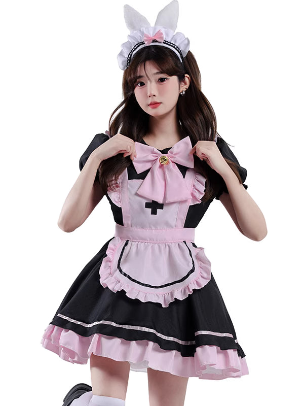 Design Concept:
This Maid Outfit Lolita dress features a charming black and pink color scheme with cat ear accents, a cute bow, and a flared skirt, perfectly capturing the essence of Japanese Lolita fashion. The outfit includes a matching headpiece, dress, apron, and an extra bow to complete the ensemble. The playful yet elegant design makes it ideal for daily cosplay, themed tea parties, or special dress-up occasions.