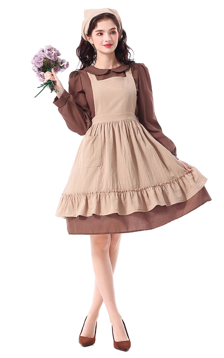 Design Concept:
This brown maid-style peasant dress captures the rustic charm of countryside aesthetics. The design features a flowing long dress paired with a practical apron and a matching headscarf, creating a nostalgic yet timeless look. Its earthy tones and simple lines make it perfect for stage performances, cosplay events, or themed parties, bringing a sense of vintage storytelling and pastoral elegance.