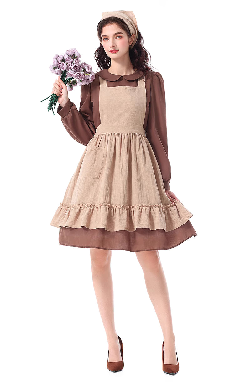 Design Concept:
This brown maid-style peasant dress captures the rustic charm of countryside aesthetics. The design features a flowing long dress paired with a practical apron and a matching headscarf, creating a nostalgic yet timeless look. Its earthy tones and simple lines make it perfect for stage performances, cosplay events, or themed parties, bringing a sense of vintage storytelling and pastoral elegance.