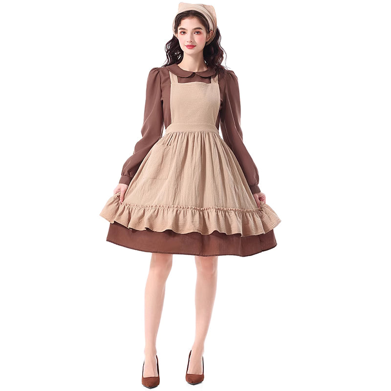 Design Concept:
This brown maid-style peasant dress captures the rustic charm of countryside aesthetics. The design features a flowing long dress paired with a practical apron and a matching headscarf, creating a nostalgic yet timeless look. Its earthy tones and simple lines make it perfect for stage performances, cosplay events, or themed parties, bringing a sense of vintage storytelling and pastoral elegance.