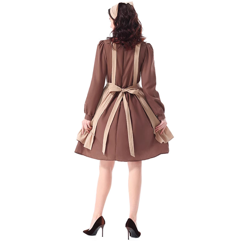 Design Concept:
This brown maid-style peasant dress captures the rustic charm of countryside aesthetics. The design features a flowing long dress paired with a practical apron and a matching headscarf, creating a nostalgic yet timeless look. Its earthy tones and simple lines make it perfect for stage performances, cosplay events, or themed parties, bringing a sense of vintage storytelling and pastoral elegance.