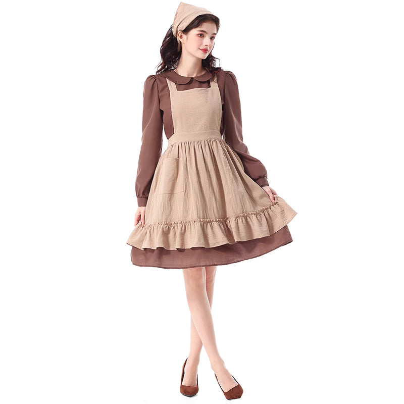 Design Concept:
This brown maid-style peasant dress captures the rustic charm of countryside aesthetics. The design features a flowing long dress paired with a practical apron and a matching headscarf, creating a nostalgic yet timeless look. Its earthy tones and simple lines make it perfect for stage performances, cosplay events, or themed parties, bringing a sense of vintage storytelling and pastoral elegance.