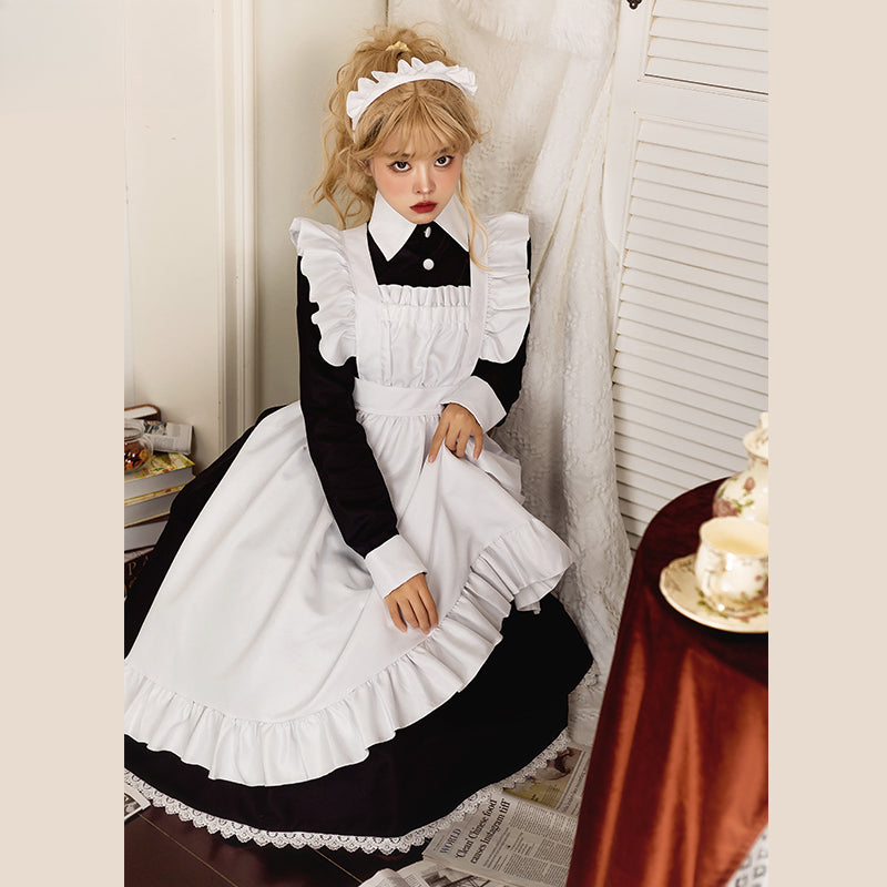 Maid Outfit Plus Size 3XL Black White Long Ruffled Apron Dress