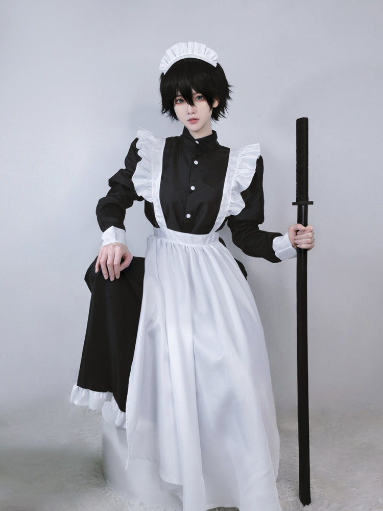 Maid Outfit Plus Size 3XL Monochrome Frilled White Black Long Apro