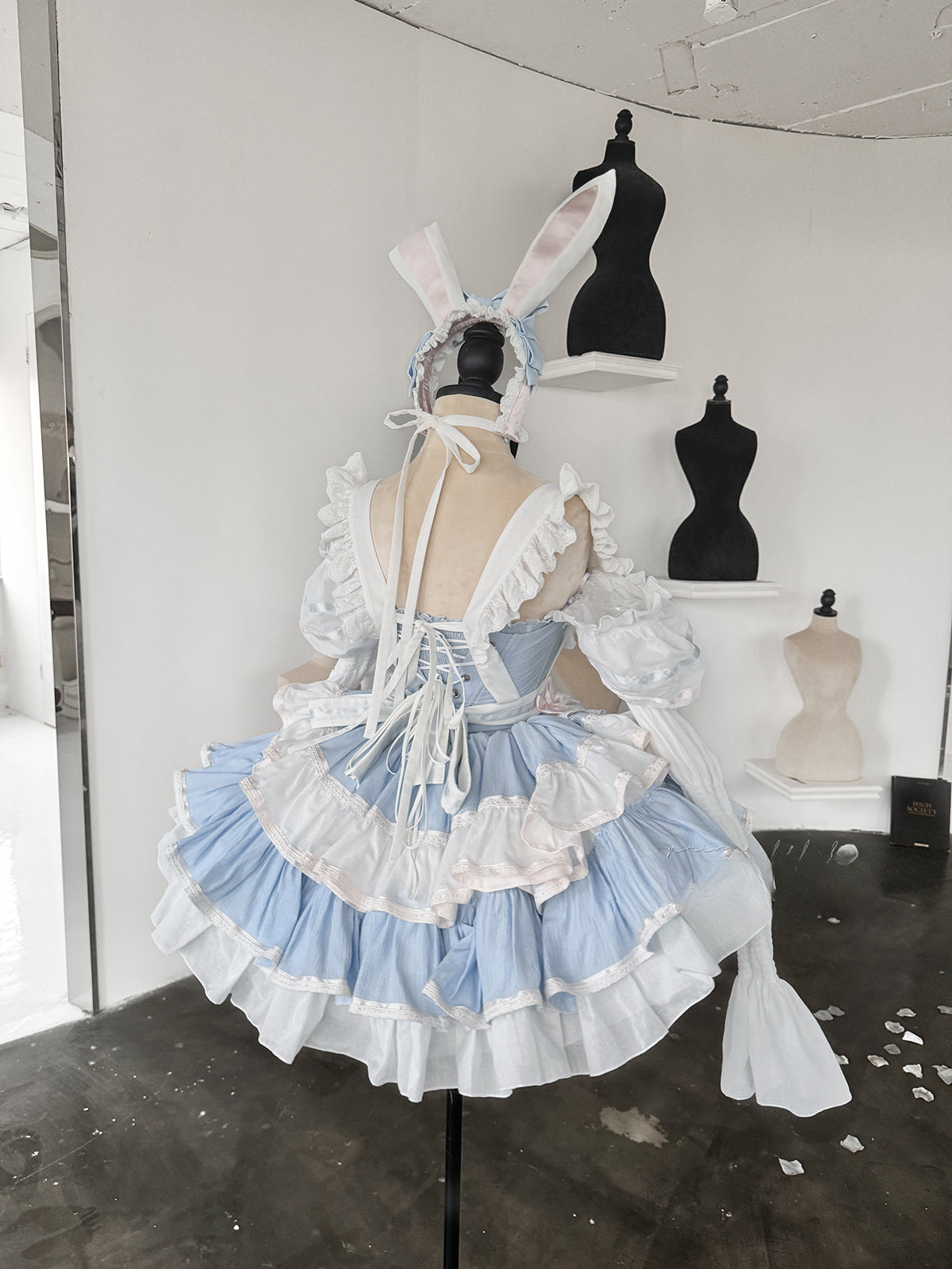 Maid Outfit Sweet Lolita Blue White Sweet Lolita Maid Dress with Bunny Ears Headpiece