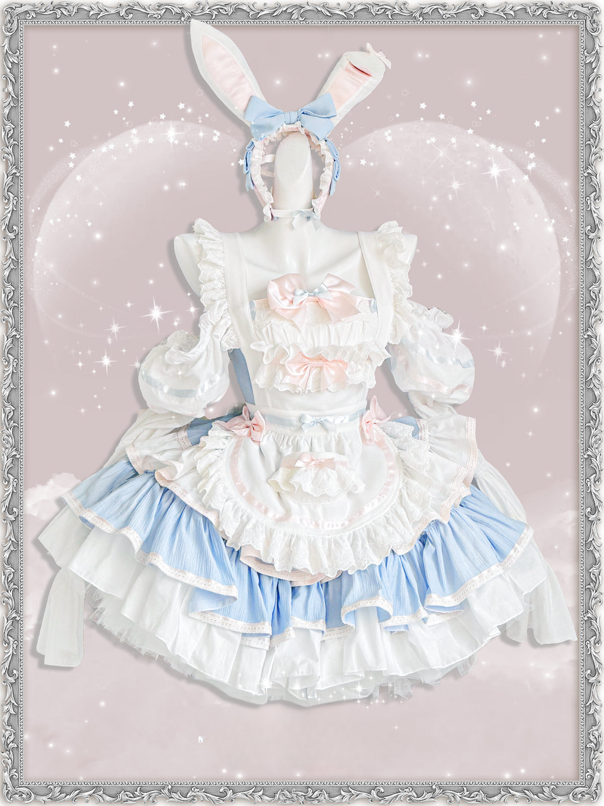 Maid Outfit Sweet Lolita Blue White Sweet Lolita Maid Dress with Bunny Ears Headpiece