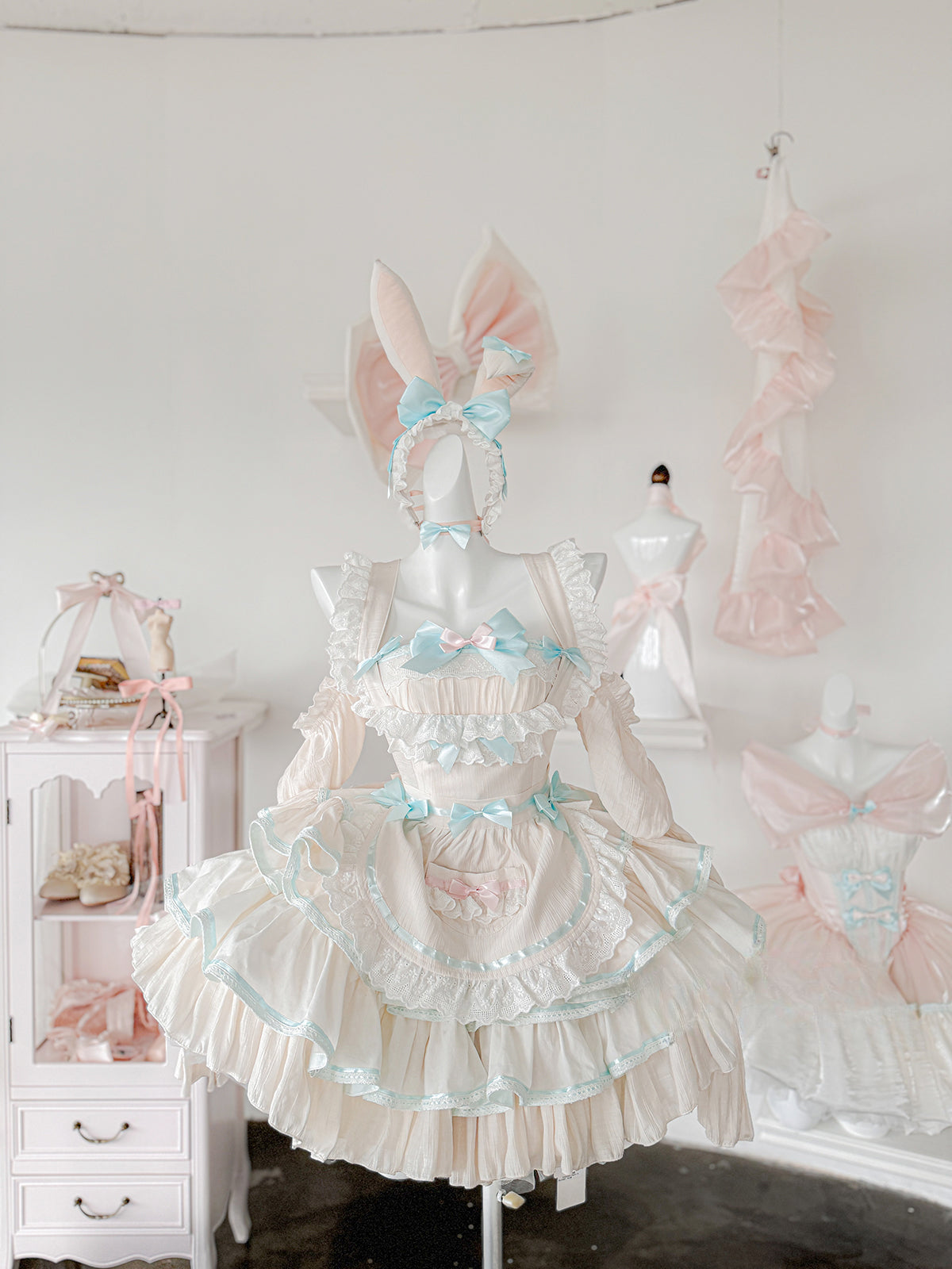 Maid Outfit Sweet Lolita Mint Pink Sweet Lolita Maid Dress with Bunny Ears Headpiece