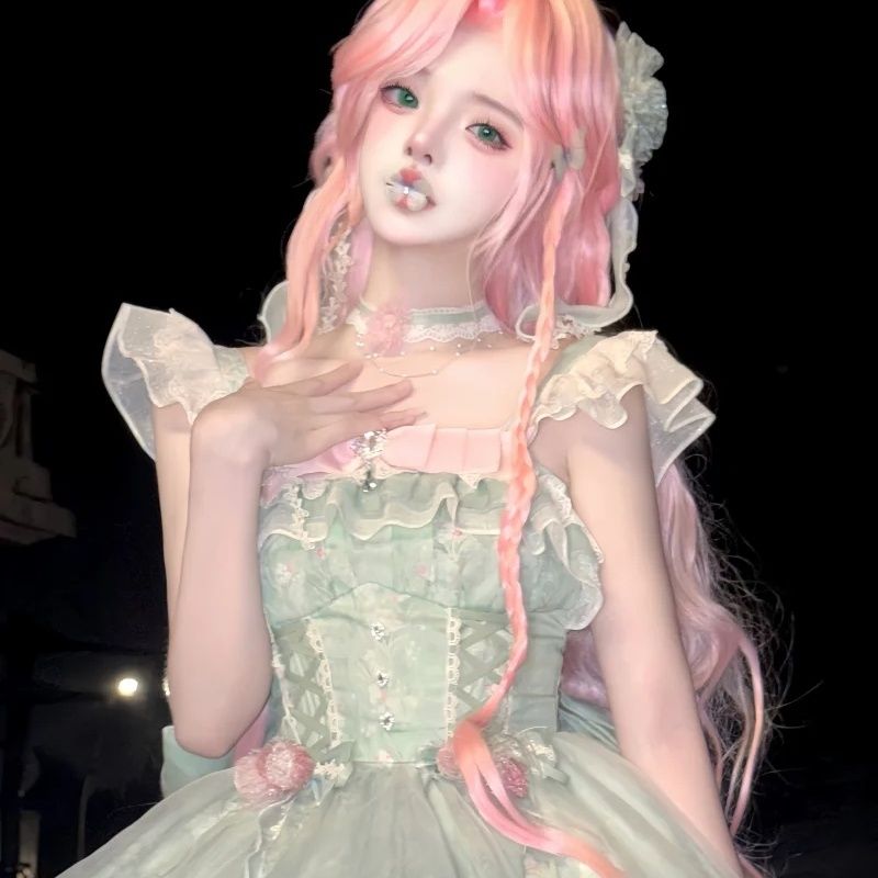 Mori Kei Fashion Green Flower Fairy Lolita Small Fresh Dress Sweet Lolita Bud Jsk Skirt Lolita Princess Cute Dress
