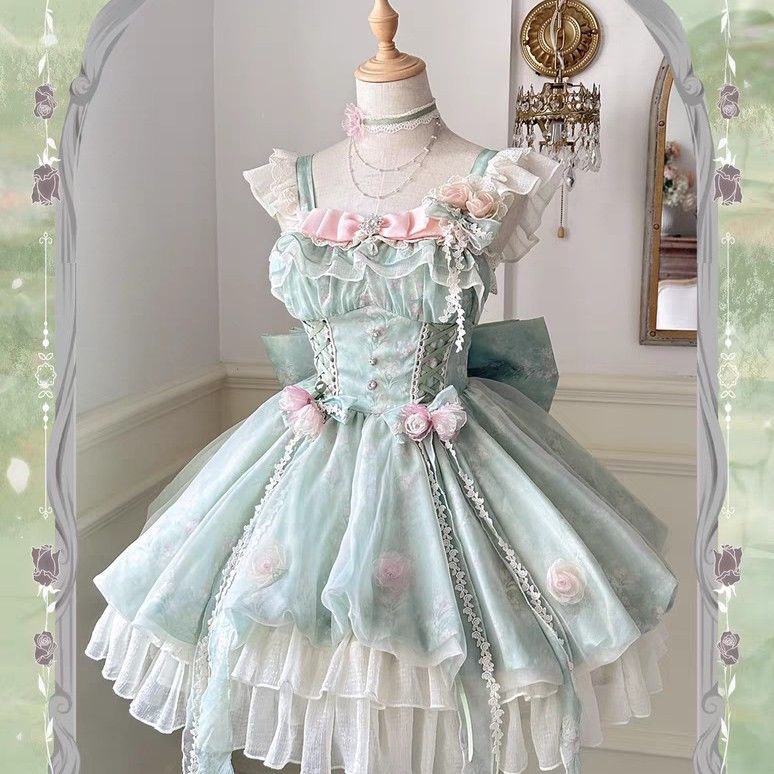 Mori Kei Fashion Green Flower Fairy Lolita Small Fresh Dress Sweet Lolita Bud Jsk Skirt Lolita Princess Cute Dress
