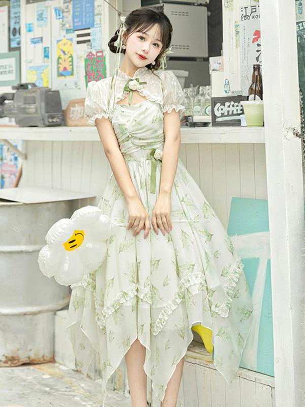 Qi Lolita Mori Kei Fashion Light green Sleeveless Chiffon Sweetheart  Irregular Long Skirt
