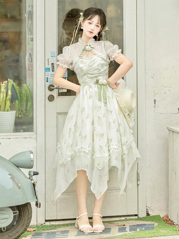 Qi Lolita Mori Kei Fashion Light green Sleeveless Chiffon Sweetheart  Irregular Long Skirt