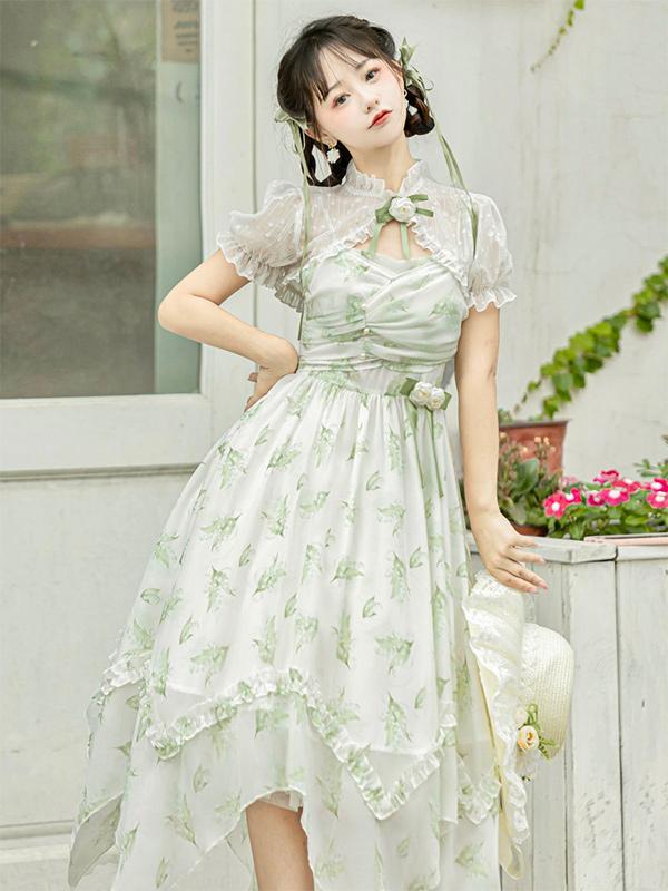 Qi Lolita Mori Kei Fashion Light green Sleeveless Chiffon Sweetheart  Irregular Long Skirt
