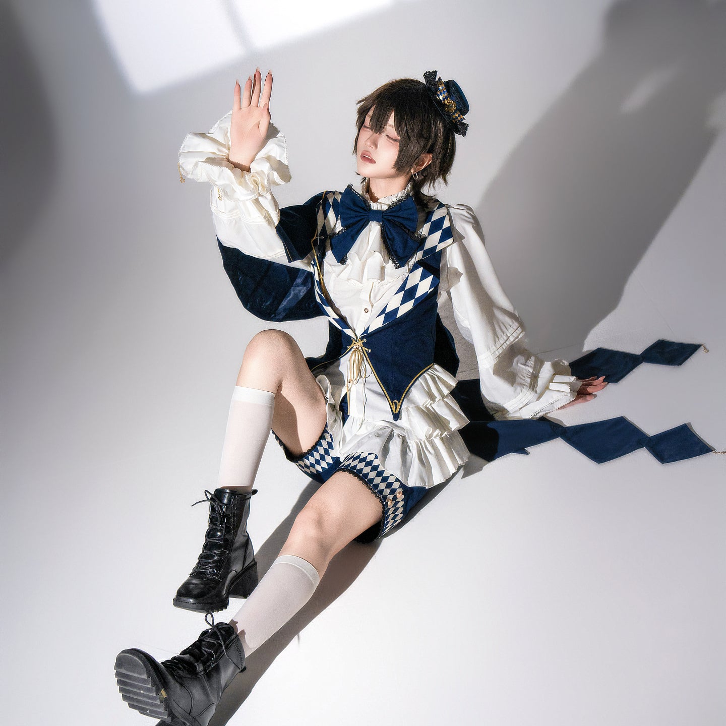 Ouji Fashion Argyle Accent Vintage Layered Set Shirt Pants Hat