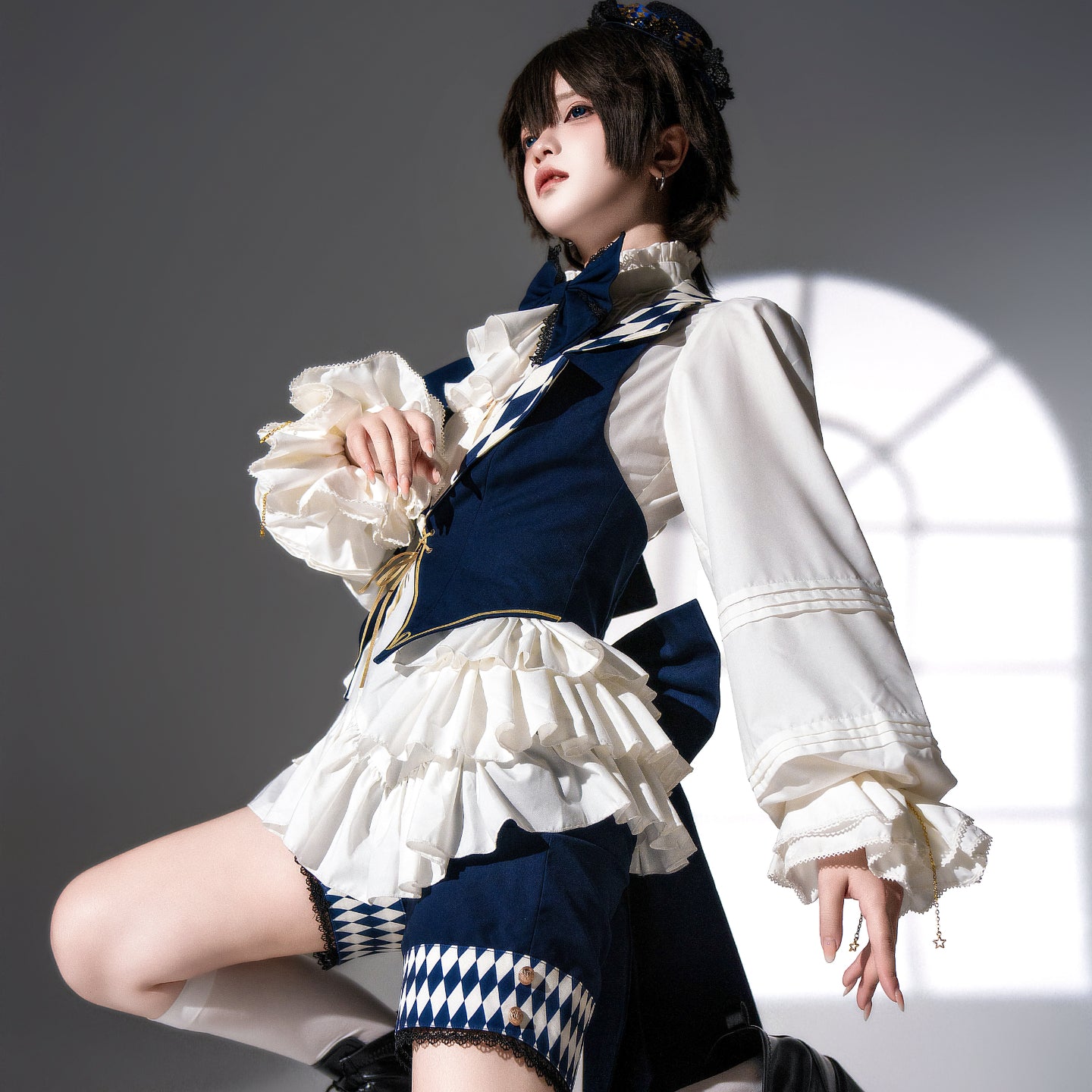 Ouji Fashion Argyle Accent Vintage Layered Set Shirt Pants Hat