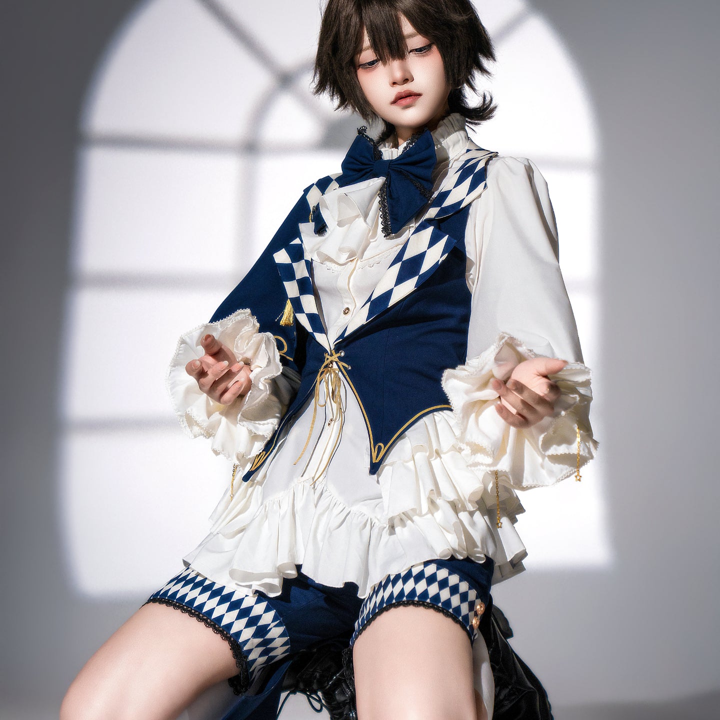 Ouji Fashion Argyle Accent Vintage Layered Set Shirt Pants Hat