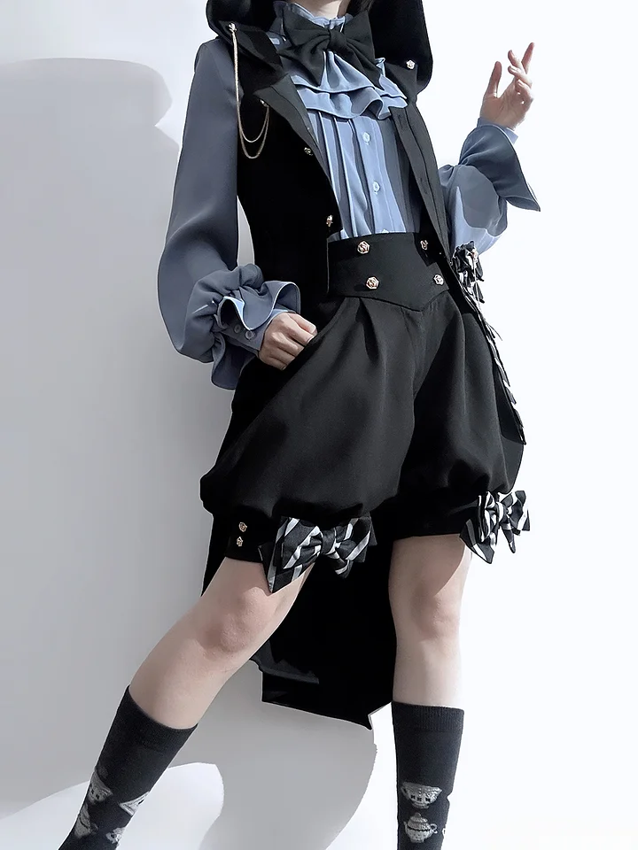 Ouji Fashion Lolita Prince Hood Long Vest Shorts Set Vintage Gothic