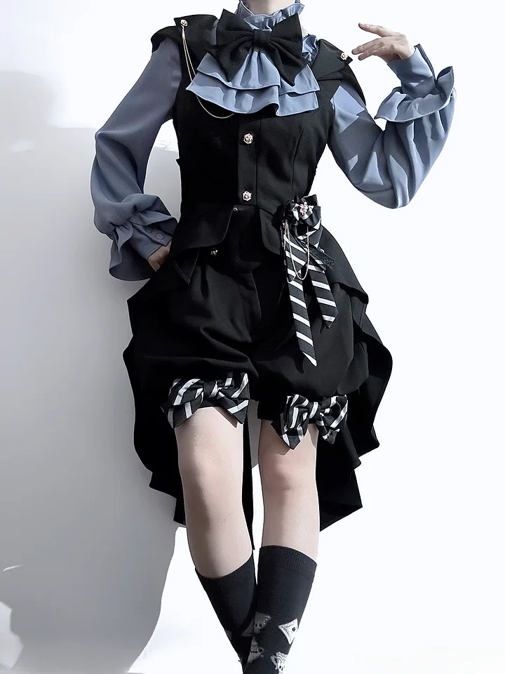 Ouji Fashion Lolita Prince Hood Long Vest Shorts Set Vintage Gothic
