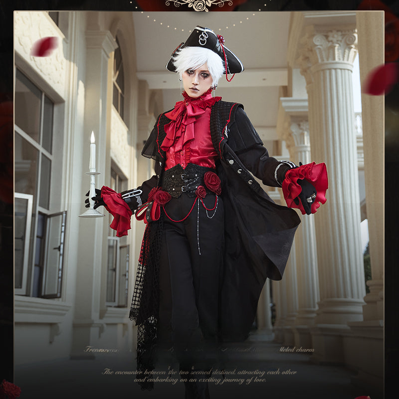 Ouji Fashion Style Red Ruffled Shirt Set Blouse Long pants