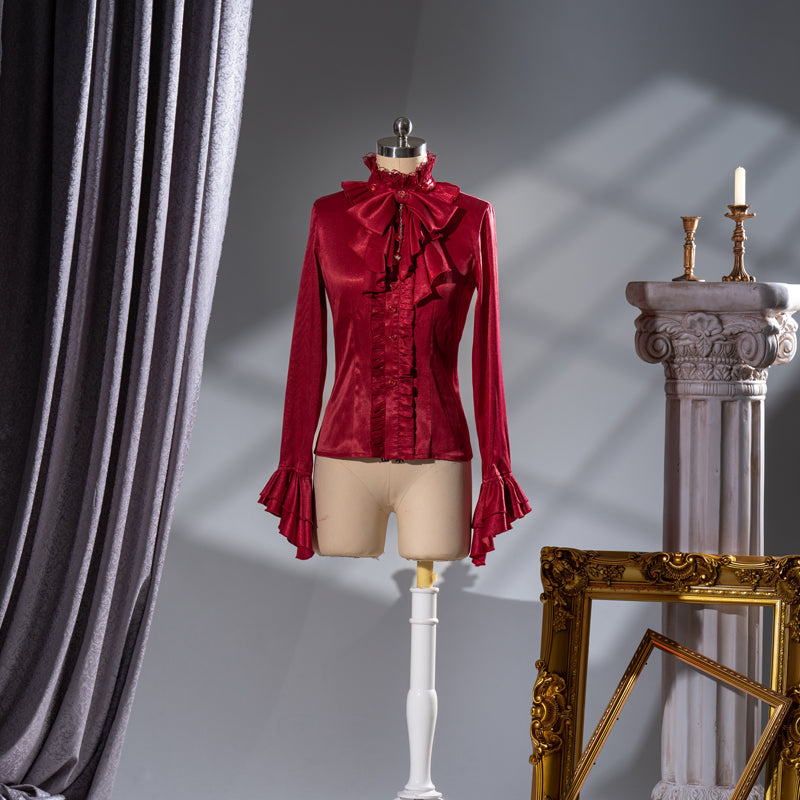 Ouji Fashion Style Red Ruffled Shirt Set Blouse Long pants