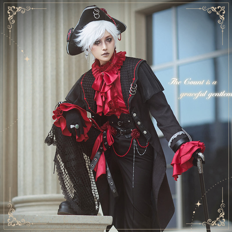 Ouji Fashion Style Red Ruffled Shirt Set Blouse Long pants