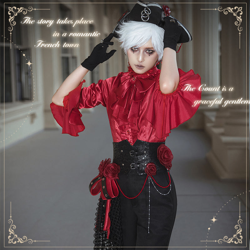 Ouji Fashion Style Red Ruffled Shirt Set Blouse Long pants