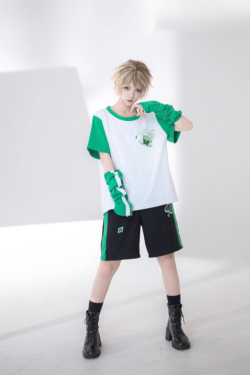 Ouji Fashion Summer Princess Chronicles White Green Printed Shirt Shorts Set