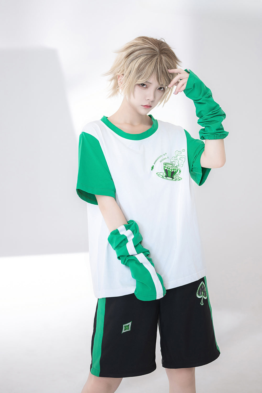 Ouji Fashion Summer Princess Chronicles White Green Printed Shirt Shorts Set