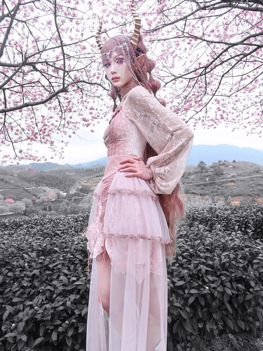 Pink Lace Detailed Sheer Train Horned Headpiece Goth Lolita Outfit