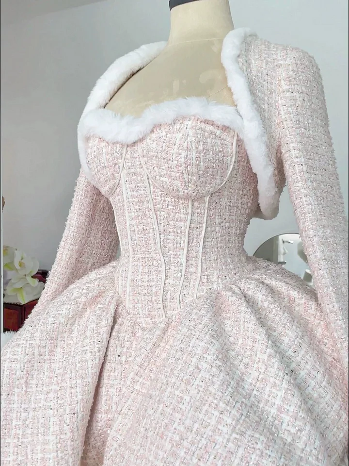 Pink Woolen Elegant Tube Dress Lolita Princess Dress in Winter Plush Cloak Three Piece Set