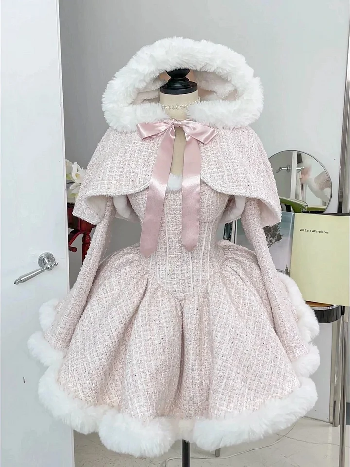 Pink Woolen Elegant Tube Dress Lolita Princess Dress in Winter Plush Cloak Three Piece Set
