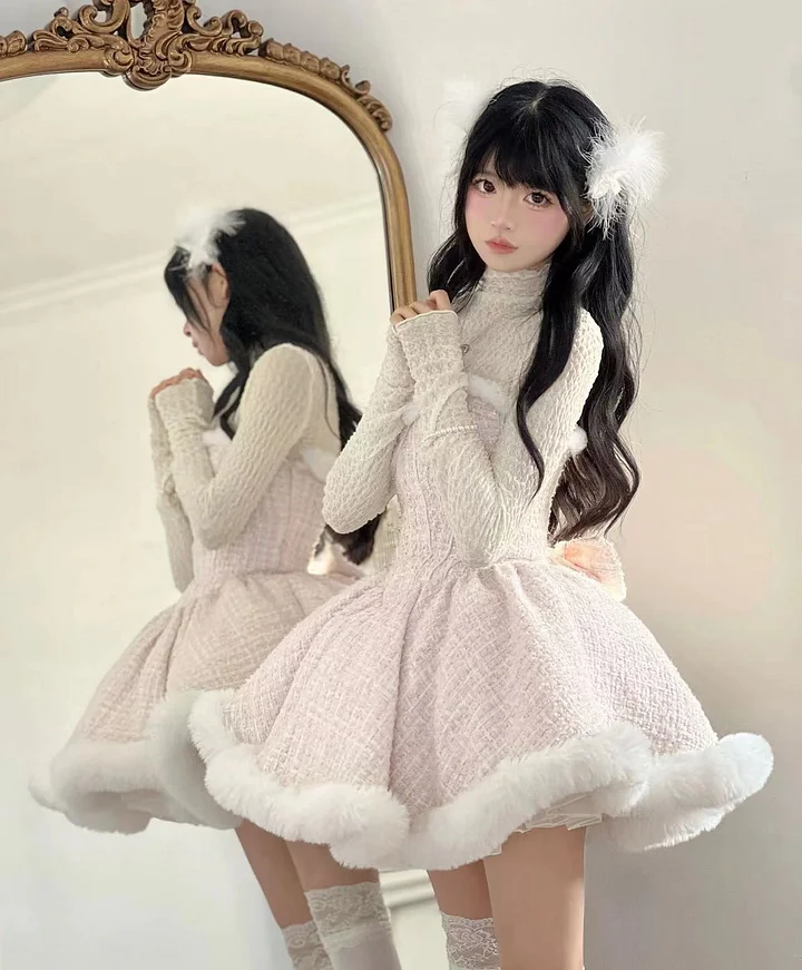 Pink Woolen Elegant Tube Dress Lolita Princess Dress in Winter Plush Cloak Three Piece Set