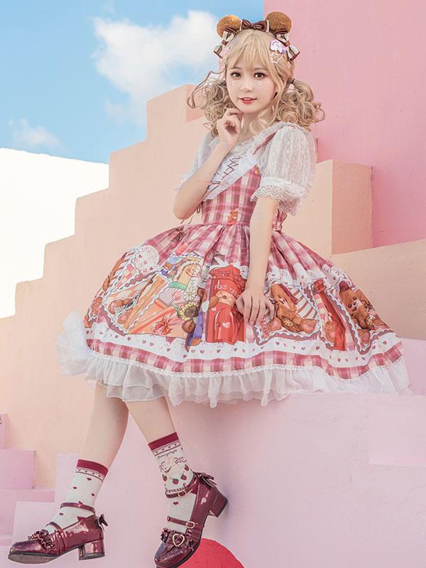 Sweet Lolita Pink Printed Bear Polyester Sleeveless Elastic Tie Design Daily Wear Light Lolita