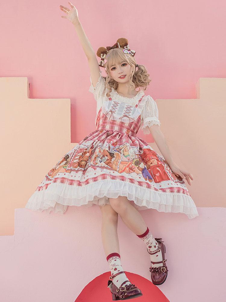 Sweet Lolita Pink Printed Bear Polyester Sleeveless Elastic Tie Design Daily Wear Light Lolita