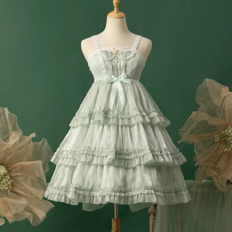 Hime Lolita Pink White Wedding Polyester Sleeveless Ruffle Hem Cake Dress