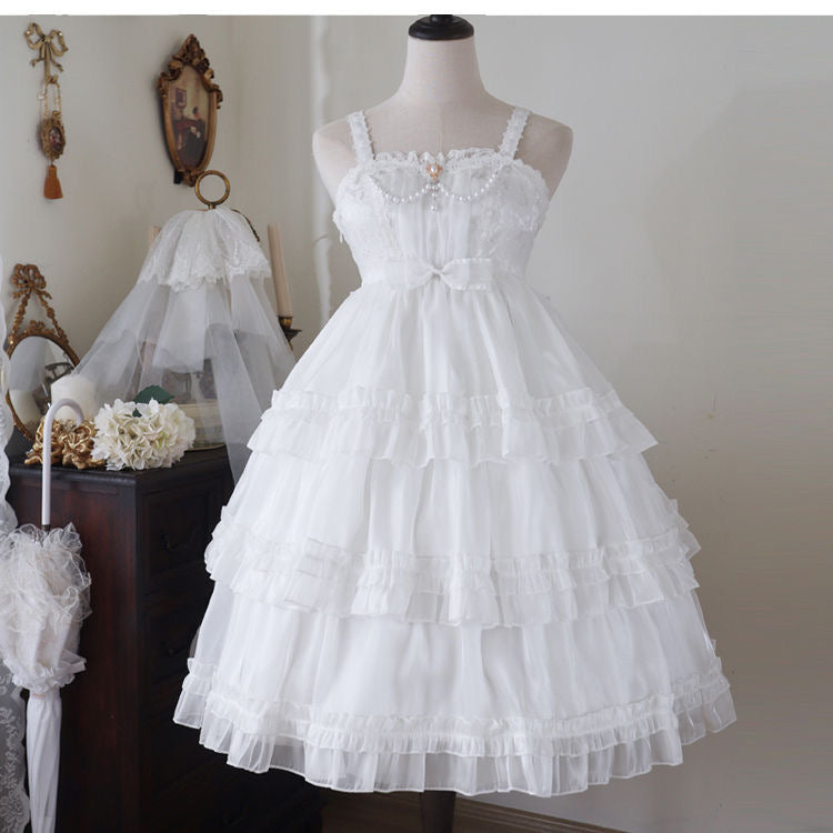 Hime Lolita Pink White Wedding Polyester Sleeveless Ruffle Hem Cake Dress