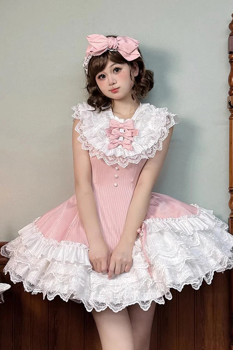 Design Concept:
This Sweet Lolita dress in soft pink features a sleeveless design with layered frills, delicate ribbon accents, and lace detailing. The asymmetric hem adds a playful and elegant touch, creating a charming princess-inspired silhouette. Perfect for cosplay, special occasions, or completing a sweet Lolita wardrobe, this dress combines a feminine aesthetic with whimsical style.