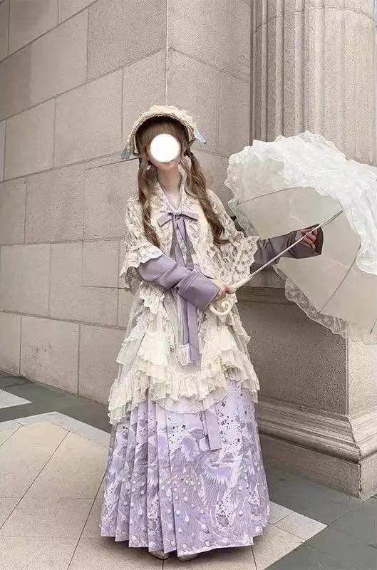 Design Concept:
This Sweet Lolita purple cross collar cardigan dress set blends soft elegance with delicate lace trim, creating a charming and refined Lolita look. The combination of purple and beige tones adds a gentle contrast, enhancing the outfit’s visual appeal. Product Details: The set includes a purple blouse, a beige shawl, a beige skirt overlay, and a matching mamian skirt, offering a complete coordinated ensemble perfect for Lolita fashion.