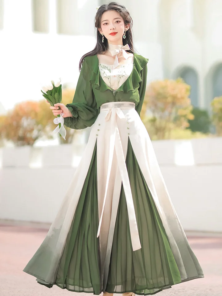 Qi Lolita Elegant Embroider Green Long Dress Classical Chinese Style Lolita Long-sleeved Dress