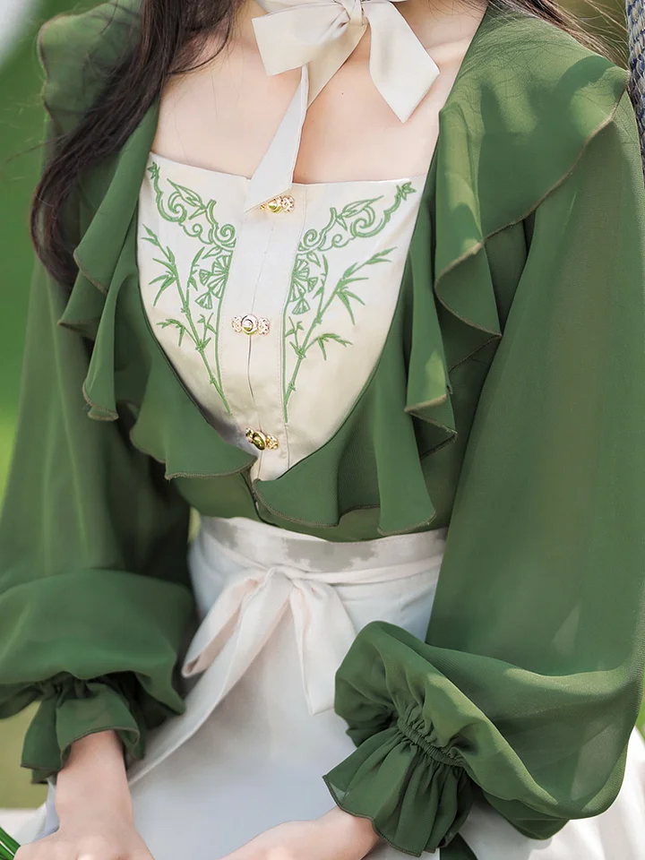 Qi Lolita Elegant Embroider Green Long Dress Classical Chinese Style Lolita Long-sleeved Dress