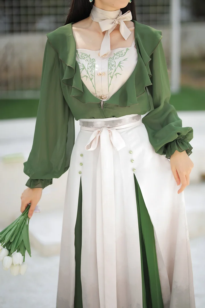 Qi Lolita Elegant Embroider Green Long Dress Classical Chinese Style Lolita Long-sleeved Dress