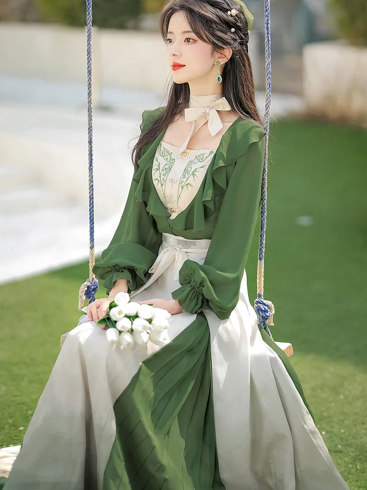 Qi Lolita Elegant Embroider Green Long Dress Classical Chinese Style Lolita Long-sleeved Dress