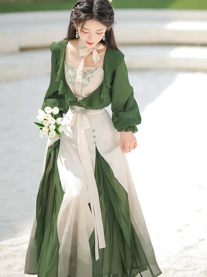 Qi Lolita Elegant Embroider Green Long Dress Classical Chinese Style Lolita Long-sleeved Dress