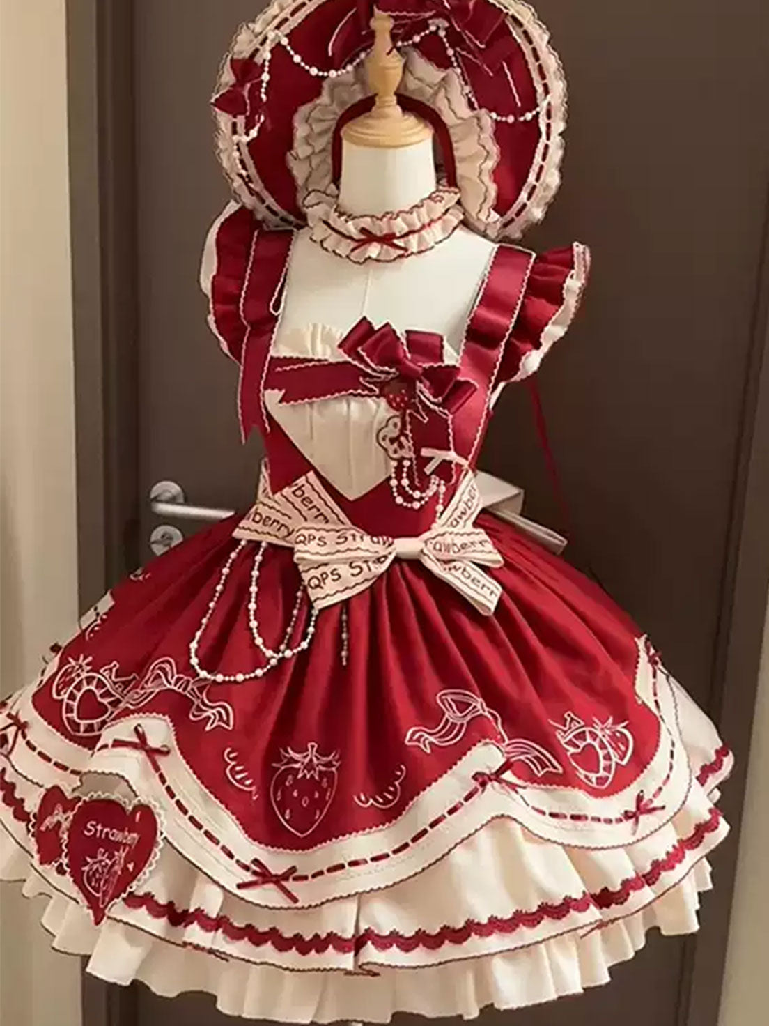 Red Sweet Lolita Tea Party Fashion Bow Accented Strawberry Dress Cake Dress
