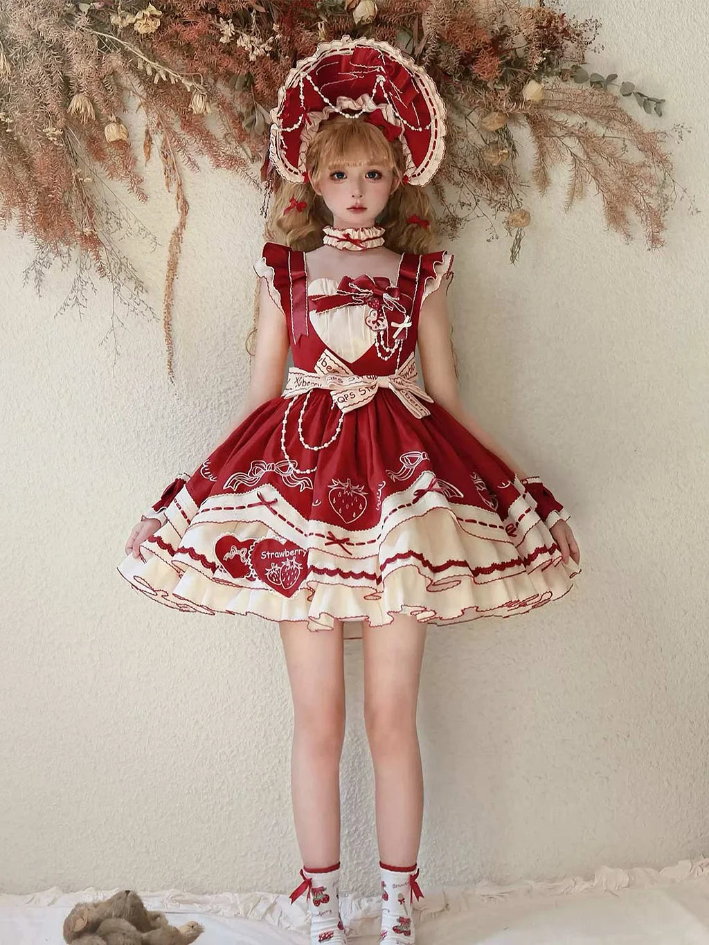 Red Sweet Lolita Tea Party Fashion Bow Accented Strawberry Dress Cake Dress