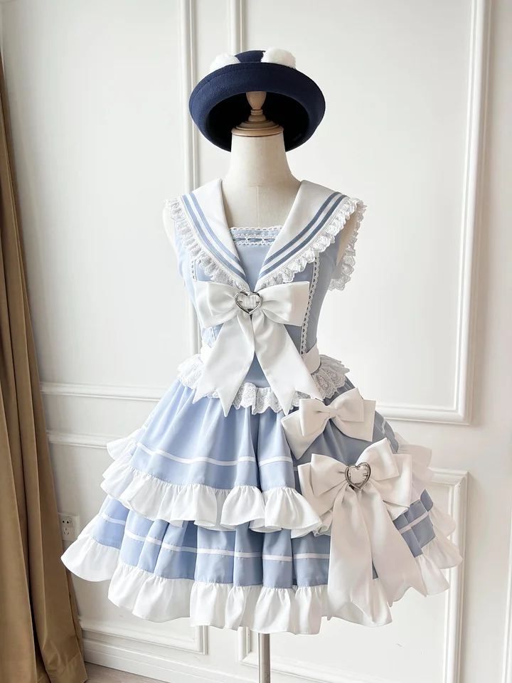 Sailor Lolita Navy Blue Black Aqua Cake Dress Bow Ruffles Japanese Kawaii for Summer