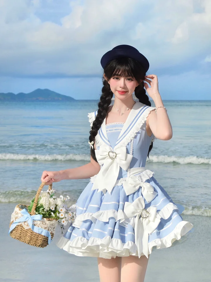 Sailor Lolita Navy Blue Black Aqua Cake Dress Bow Ruffles Japanese Kawaii for Summer