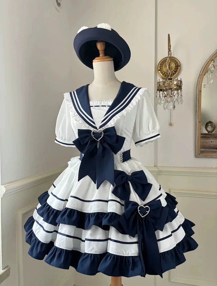 Sailor Lolita Navy Blue Black Aqua Cake Dress Bow Ruffles Japanese Kawaii for Summer