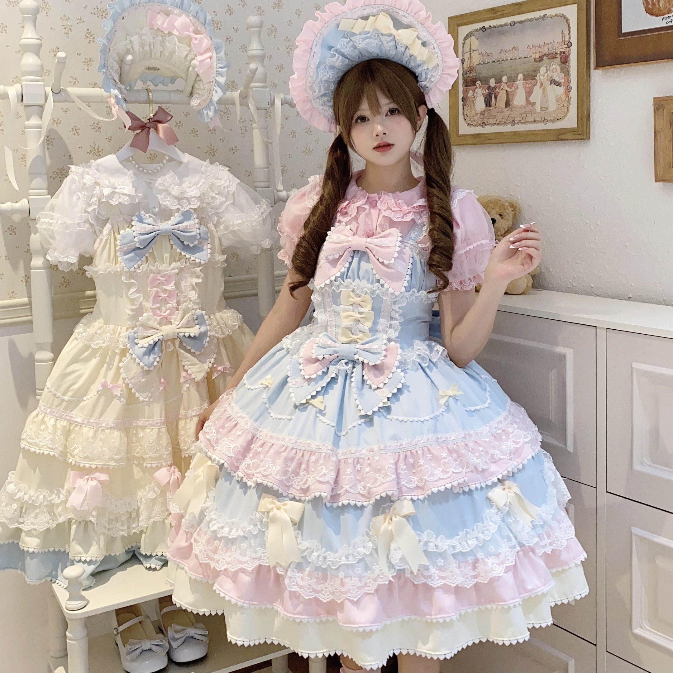 Sweet Hime Lolita Tea Party Fashion Cake Dress Pink Blue Bow Layer Lace Trimmed Lolita Dress